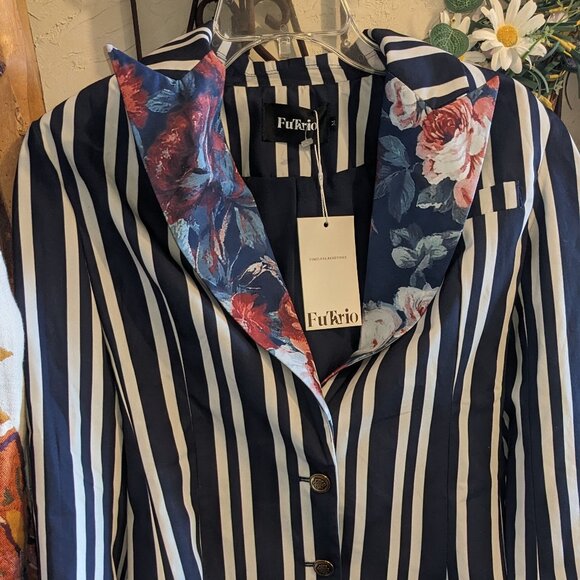 FuTario Jackets & Blazers - FuTario blue striped/floral lined Jacket NWT M